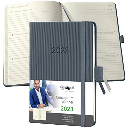 SIGEL C2367 Terminplaner Wochenkalender 2023 - ca. A6 - dunkelgrau - Hardcover - 176 Seiten - Gummiband, Stiftschlaufe, Archivtasche - PEFC-zertifiziert - Conceptum von Sigel