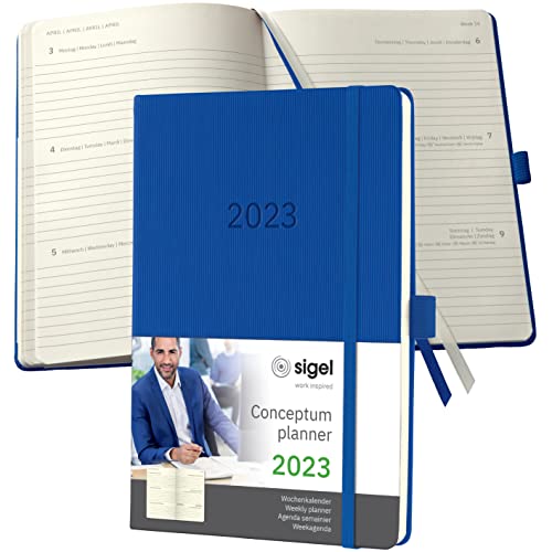 SIGEL C2368 Terminplaner Wochenkalender 2023 - ca. A5 - blau - Hardcover - 192 Seiten - Gummiband, Stiftschlaufe, Archivtasche - PEFC-zertifiziert - Conceptum von Sigel