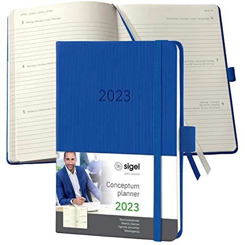 SIGEL C2369 Terminplaner Wochenkalender 2023 - ca. A6 - blau - Hardcover - 176 Seiten - Gummiband, Stiftschlaufe, Archivtasche - PEFC-zertifiziert - Conceptum von Sigel
