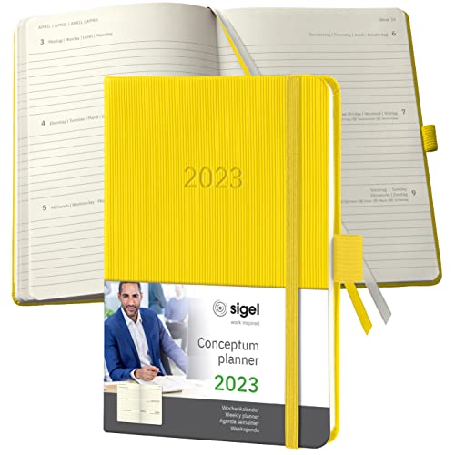 SIGEL C2371 Terminplaner Wochenkalender 2023 - ca. A6 - gelb - Hardcover - 176 Seiten - Gummiband, Stiftschlaufe, Archivtasche - PEFC-zertifiziert - Conceptum von Sigel