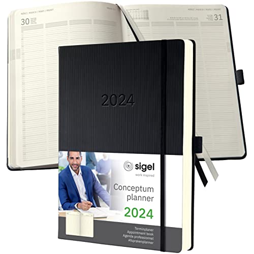 SIGEL C2404 Planungsbuch XXL, Terminkalender 2024, A4+, 1 Tag = 1 Seite, für 4 Personen, schwarz, Hardcover, 480 Seiten, Gummiband, Stiftschlaufe, Archivtasche, PEFC-zertifiziert, Conceptum von Sigel