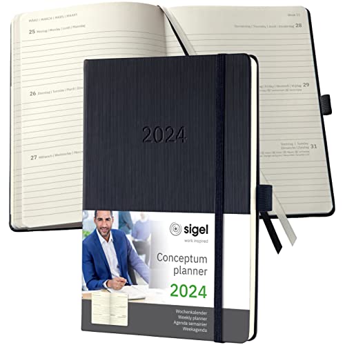 SIGEL C2412 Terminplaner Wochenkalender 2024, ca. A5, schwarz, Hardcover, 192 Seiten, Gummiband, Stiftschlaufe, Archivtasche, PEFC-zertifiziert, Conceptum von Sigel