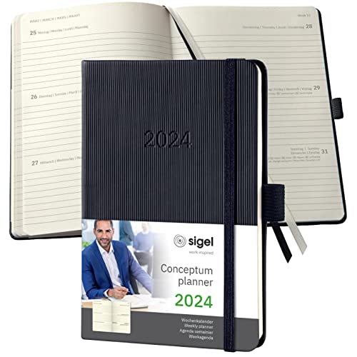 SIGEL C2413 Terminplaner Wochenkalender 2024, ca. A6, schwarz, Hardcover, 176 Seiten, Gummiband, Stiftschlaufe, Archivtasche, PEFC-zertifiziert, Conceptum von Sigel