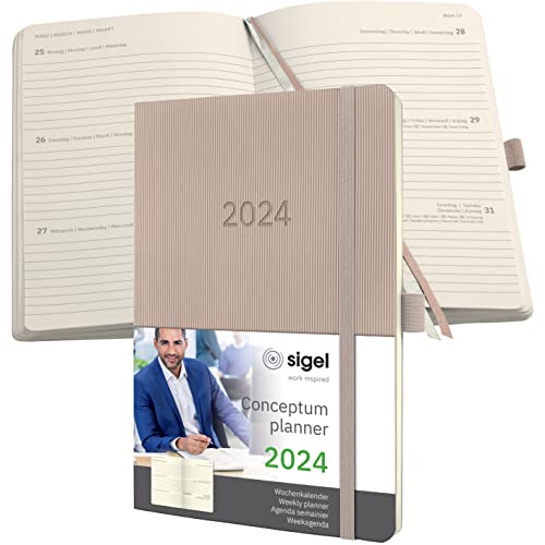 SIGEL C2430 Terminplaner Wochenkalender 2024, ca. A5, taupe, Softcover, 192 Seiten, Gummiband, Stiftschlaufe, Archivtasche, PEFC-zertifiziert, Conceptum von Sigel