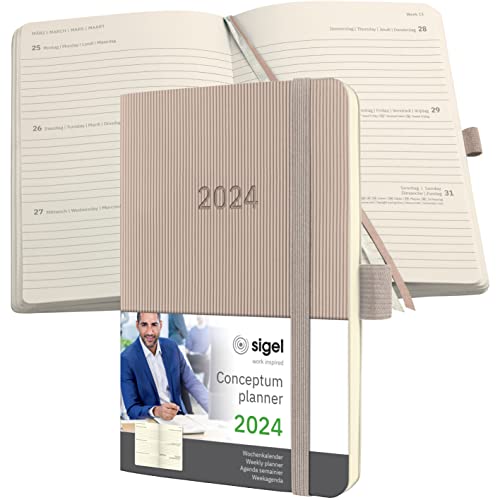 SIGEL C2431 Terminplaner Wochenkalender 2024, ca. A6, taupe, Softcover, 176 Seiten, Gummiband, Stiftschlaufe, Archivtasche, PEFC-zertifiziert, Conceptum von Sigel