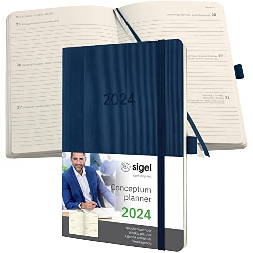 SIGEL C2432 Terminplaner Wochenkalender 2024, ca. A5, dunkelblau, Softcover, 192 Seiten, Gummiband, Stiftschlaufe, Archivtasche, PEFC-zertifiziert, Conceptum von Sigel