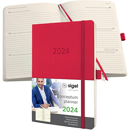 SIGEL C2434 Terminplaner Wochenkalender 2024, ca. A5, rot, Softcover, 192 Seiten, Gummiband, Stiftschlaufe, Archivtasche, PEFC-zertifiziert, Conceptum von Sigel