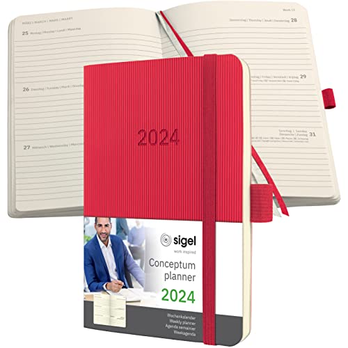 SIGEL C2435 Terminplaner Wochenkalender 2024, ca. A6, rot, Softcover, 176 Seiten, Gummiband, Stiftschlaufe, Archivtasche, PEFC-zertifiziert, Conceptum von Sigel