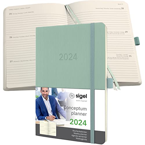 SIGEL C2438 Terminplaner Wochenkalender 2024, ca. A5, grün, Softcover, 192 Seiten, Gummiband, Stiftschlaufe, Archivtasche, PEFC-zertifiziert, Conceptum von Sigel