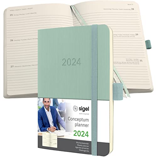 SIGEL C2439 Terminplaner Wochenkalender 2024, ca. A6, grün, Softcover, 176 Seiten, Gummiband, Stiftschlaufe, Archivtasche, PEFC-zertifiziert, Conceptum von Sigel