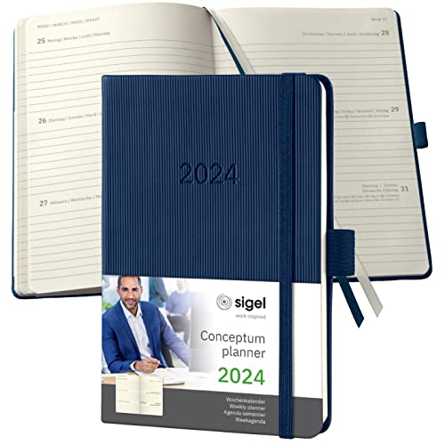 SIGEL C2463 Terminplaner Wochenkalender 2024, ca. A6, dunkelblau, Hardcover, 176 Seiten, Gummiband, Stiftschlaufe, Archivtasche, PEFC-zertifiziert, Conceptum von Sigel