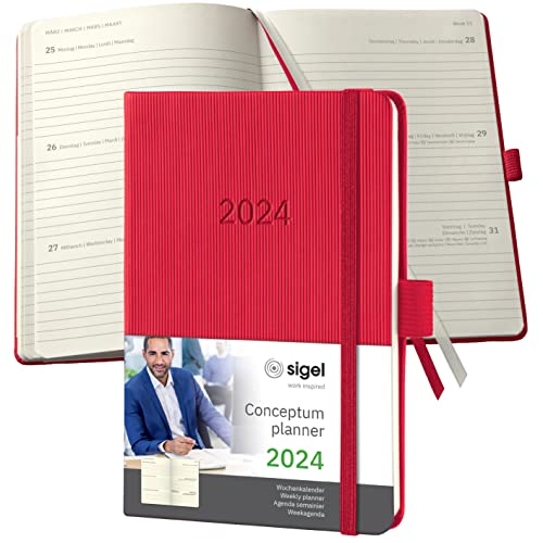 SIGEL C2465 Terminplaner Wochenkalender 2024, ca. A6, rot, Hardcover, 176 Seiten, Gummiband, Stiftschlaufe, Archivtasche, PEFC-zertifiziert, Conceptum von Sigel