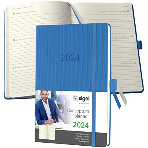 SIGEL C2468 Terminplaner Wochenkalender 2024, ca. A5, blau, Hardcover, 192 Seiten, Gummiband, Stiftschlaufe, Archivtasche, PEFC-zertifiziert, Conceptum von Sigel