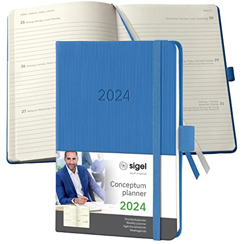 SIGEL C2469 Terminplaner Wochenkalender 2024, ca. A6, blau, Hardcover, 176 Seiten, Gummiband, Stiftschlaufe, Archivtasche, PEFC-zertifiziert, Conceptum von Sigel
