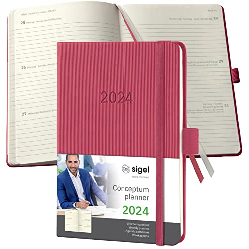 SIGEL C2471 Terminplaner Wochenkalender 2024, ca. A6, rot, Hardcover, 176 Seiten, Gummiband, Stiftschlaufe, Archivtasche, PEFC-zertifiziert, Conceptum von Sigel