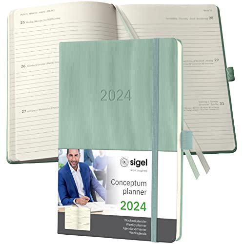 SIGEL C2472 Terminplaner Wochenkalender 2024, ca. A5, grün, Hardcover, 192 Seiten, Gummiband, Stiftschlaufe, Archivtasche, PEFC-zertifiziert, Conceptum von Sigel
