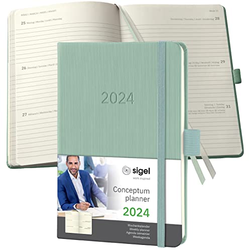 SIGEL C2473 Terminplaner Wochenkalender 2024, ca. A6, grün, Hardcover, 176 Seiten, Gummiband, Stiftschlaufe, Archivtasche, PEFC-zertifiziert, Conceptum von Sigel