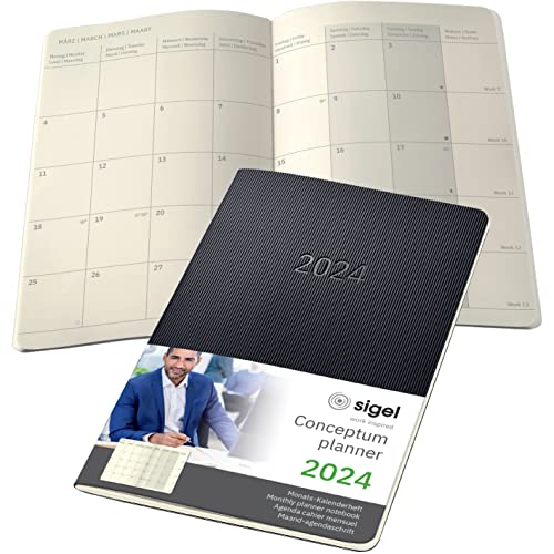 SIGEL C2484 Monats-Kalenderheft Monatsplaner 2024, ca. A5, schwarz, Softcover, 2 Seiten = 1 Monat, 64 Seiten, Quickpocket, PEFC-zertifiziert, Conceptum von Sigel