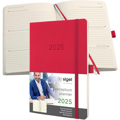 SIGEL C2534 Terminplaner Wochenkalender 2025, ca. A5, rot, Softcover, 192 Seiten, Gummiband, Stiftschlaufe, Archivtasche, aus nachhaltigem Papier, Conceptum von Sigel