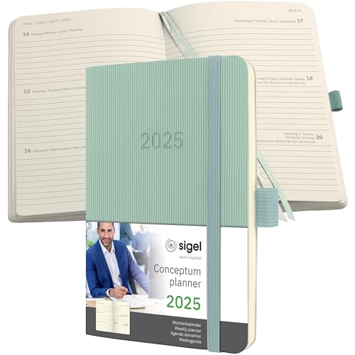 SIGEL C2539 Terminplaner Wochenkalender 2025, ca. A6, grün, Softcover, 176 Seiten, Gummiband, Stiftschlaufe, Archivtasche, aus nachhaltigem Papier, Conceptum von Sigel