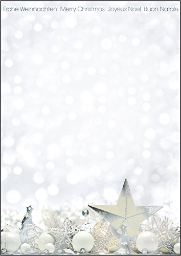 SIGEL DP013 Briefpapier Weihnachten, 25 Blatt, DIN A4 mit Silberprägung, "White Stars", weihnachtliches Motiv, aus nachhaltigem Papier von Sigel