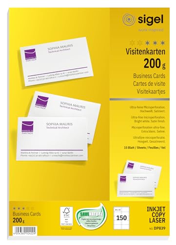 SIGEL DP839 bedruckbare Visitenkarten hochweiß, 150 Stück (15 Blatt), 85x55 mm, beidseitig bedruckbar und satiniert, 200 g, aus nachhaltigem Papier von Sigel