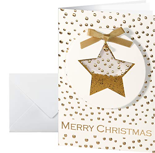 SIGEL DS059 Handmade-Weihnachtskarten-Set 3D - 10 Stück mit Umschlag , DIN A6 , mit 3D-Applikationen wie goldenen Konfettis und Schleife , "Confetti Star" , ideal zum Bedrucken von Sigel