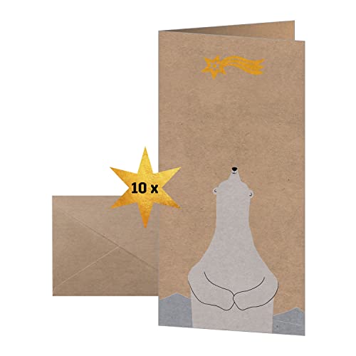 SIGEL DS078 Weihnachts-Karten Set mit Umschlag, DIN lang, Kraftpapier, 10 Stück, "Polar bear with shooting star", optimal zum Bedrucken, aus nachhaltigem Papier von Sigel