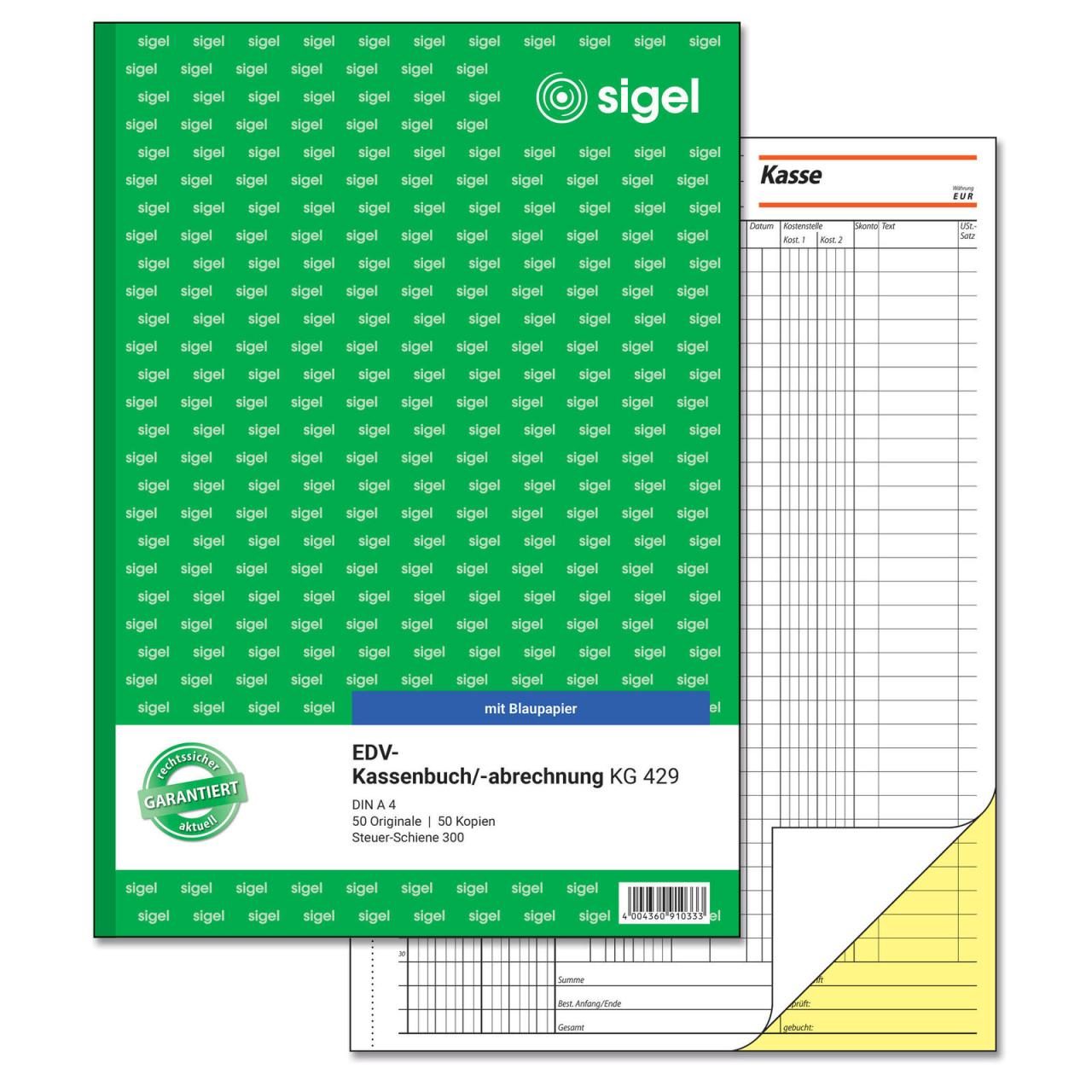 SIGEL Formularbuch Kassenbuch/EDV KG429 DIN A4 2x 50 Seiten von Sigel