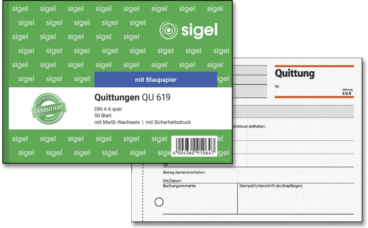 SIGEL Formularbuch Quittung, MwSt. separat ausgewiesen QU619 DIN A6 quer 1x 5... von Sigel