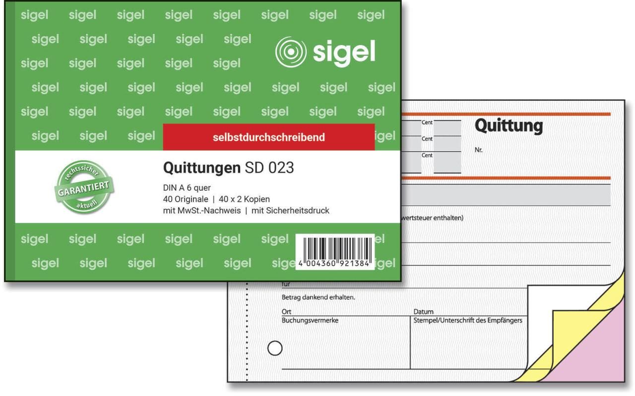 SIGEL Formularbuch Quittung, MwSt. separat ausgewiesen SD023 DIN A6 quer 3x 4... von Sigel