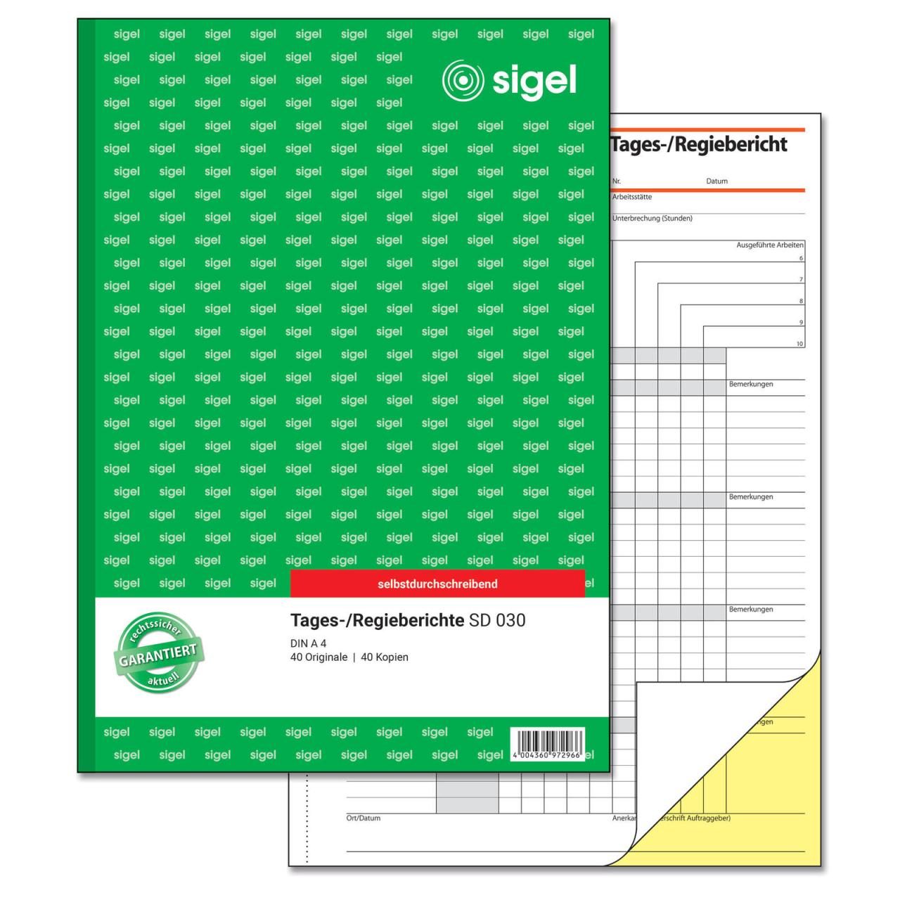 SIGEL Formularbuch Tages-/Regiebericht SD030 DIN A4 2x 40 Seiten von Sigel
