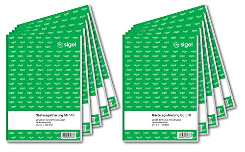 SIGEL GB510 Gastro Gästeregistrierung Gästeliste Corona-Erfassungsblock, A5, 100 Blatt, 10er Pack von Sigel