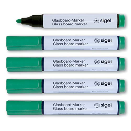 SIGEL GL714 Glasboardmarker, Whiteboard-Stifte grün, Rundspitze 2 - 3 mm, 5 Stück, abwischbar, kräftige Farbe, Recyclingmaterial, Made in Germany von Sigel