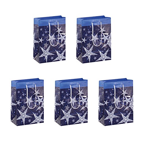 Sigel GT026/5 mittelgroße Papier-Geschenktüten 23 x 17 cm, Weihnachten 5er Set, blau, "Shining stars", Papier-Geschenktaschen Weihnachten von Sigel