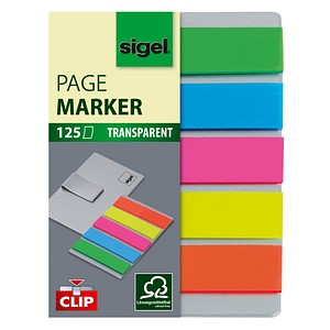 SIGEL Haftmarker transparent mit Clip Haftmarker farbsortiert 5x 25 Streifen von Sigel