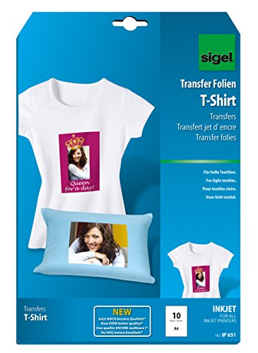SIGEL IP651 Transferpapier Transferfolie Bügelfolie für helle Textilien und Tintenstrahldrucker, 10 Blatt A4 von Sigel