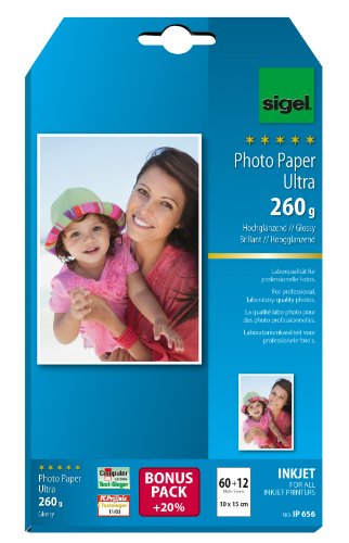 SIGEL IP656 InkJet-Fotopapier Ultra, 10x15 cm, 60 + 12 Blatt gratis, hochglänzend, extrem lichtbeständig, 260 g, für hochwertige Fotografien von Sigel