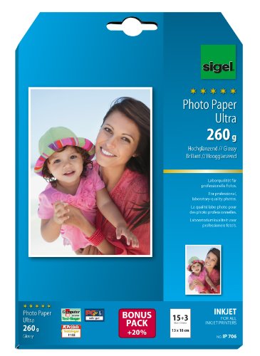 SIGEL IP706 InkJet-Fotopapier Ultra, 13x18 cm, 15 + 3 Blatt gratis, hochglänzend, extrem lichtbeständig, 260 g, für hochwertige Fotografien von Sigel