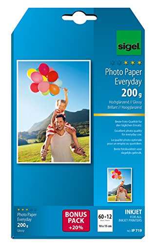 SIGEL IP719 InkJet Fotopapier 10x15 cm, 60 + 12 Blatt gratis, hochglänzend, weiß, 200 g, für hochwertige Fotografien von Sigel