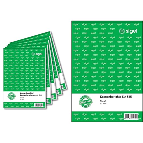 SIGEL KA518 Kassenbericht/Bestandsrechnung, A5, 5 Stück á 50 Blatt & KA515 Kassenbericht A5, 5 Stück á 50 Blatt von Sigel