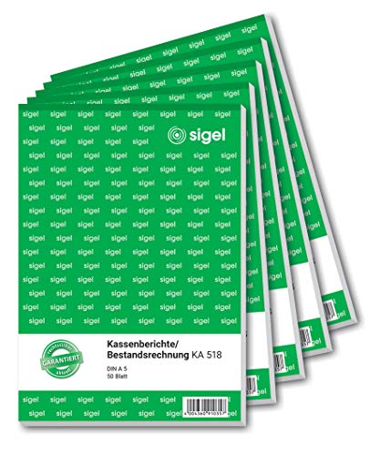 SIGEL KA518 Kassenbericht / Bestandsrechnung, A5, 5 Stück á 50 Blatt, zur korrekten Ermittlung des Tagesabschlusses und Kassenbestandes, für Brutto- und Nettoverbuchungen von Sigel