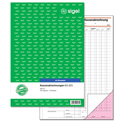 SIGEL KG425 Kassenabrechnung A4, 2x50 Blatt, mit Blaupapier, ultrafeiner Mikroperforation, Für exakte Einnahmen-/Ausgaben-Rechnung mit Ausweis des MwSt.- und Netto-Betrages SIGEL KG425 Kassenabrechnung A4, 2x50 Blatt, mit Blaupapier, ultrafeiner Mikroperforation, Für exakte Einnahmen-/Ausgaben-Rechnung mit Ausweis des MwSt.- und Netto-Betrages von Sigel