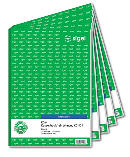 SIGEL KG429/5 Kassenbuch EDV, mit DATEV-gerechtem Aufbau: Steuerschiene 300, A4, 2x50 Blatt, 5er Pack, mit Blaupapier, ultrafeiner Mikroperforation von Sigel