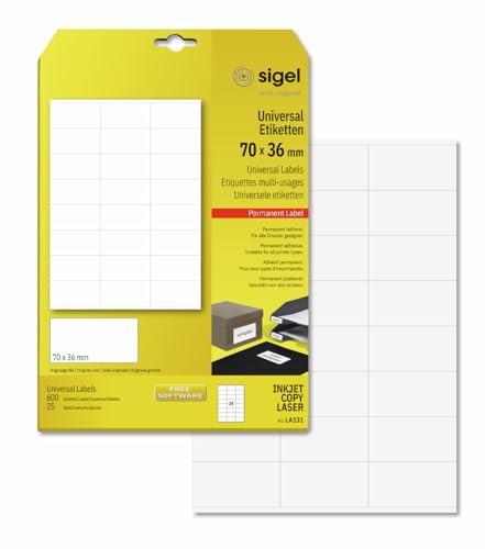 SIGEL LA131 Universal-Etiketten selbstklebend, bedruckbar, weiß, 70 x 36 mm, 600 Etiketten = 25 Blatt SIGEL LA131 Universal-Etiketten selbstklebend, bedruckbar, weiß, 70 x 36 mm, 600 Etiketten = 25 Blatt von Sigel