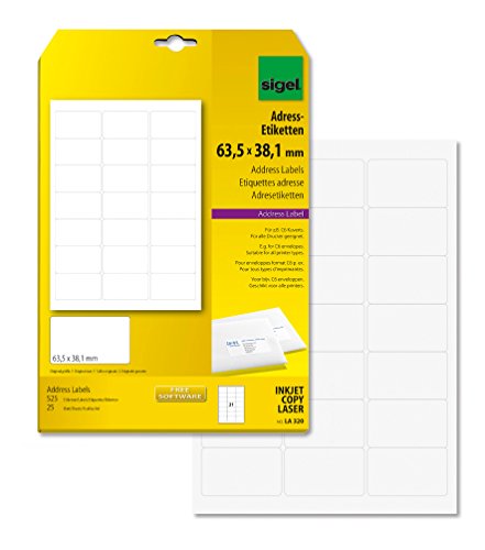 SIGEL LA320 abgerundete Adress-Etiketten selbstklebend, bedruckbar, weiß, 63,5 x 38,1 mm, 525 Etiketten = 25 Blatt von Sigel