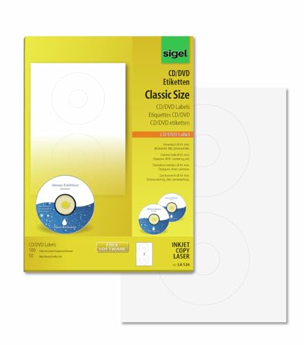 SIGEL LA526 CD-/DVD-Etiketten selbstklebend, bedruckbar, weiß, blickdicht, 100 Etiketten = 50 Blatt, mit Zentrierhilfe, ClassicSize 41 mm Innenloch SIGEL LA526 CD-/DVD-Etiketten selbstklebend, bedruckbar, weiß, blickdicht, 100 Etiketten = 50 Blatt, mit Zentrierhilfe, ClassicSize 41 mm Innenloch von Sigel