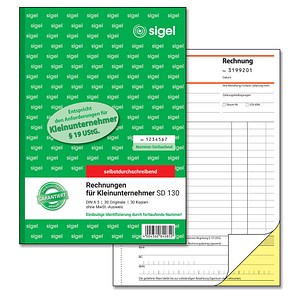 SIGEL Rechnung für Kleinunternehmer mit fortlaufenden Nummern (ohne MwSt.-Ausweis) Formularbuch SD130 von Sigel