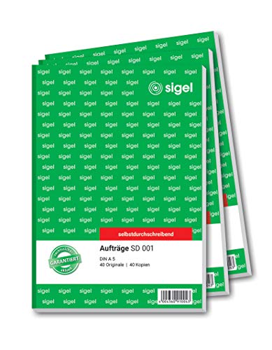 SIGEL SD001 Auftragsbuch A5, 2x40 Blatt, selbstdurchschreibend, 3 Stück von Sigel