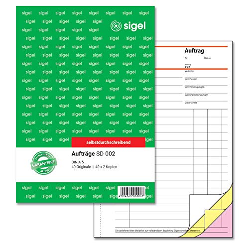 SIGEL SD002 Auftragsbuch A5, 3 x 40 Blatt, selbstdurchschreibend, 1 Stück, aus nachhaltigem Papier SIGEL SD002 Auftragsbuch A5, 3 x 40 Blatt, selbstdurchschreibend, 1 Stück, aus nachhaltigem Papier von Sigel